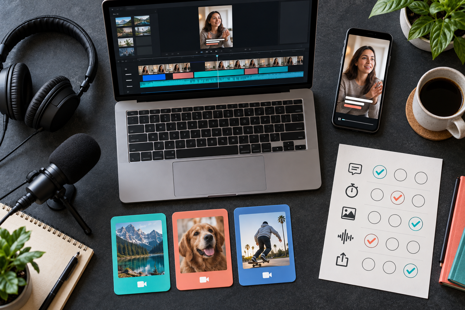 Desk scorecard for testing caption accuracy, timing, B-roll, audio, and export quality