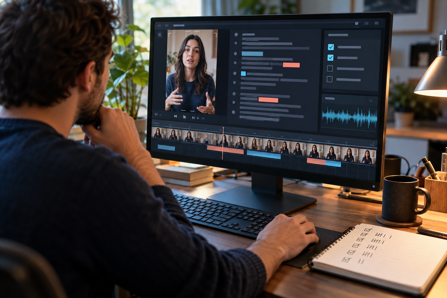 Human editor proofreading AI captions and checking a short-form video timeline