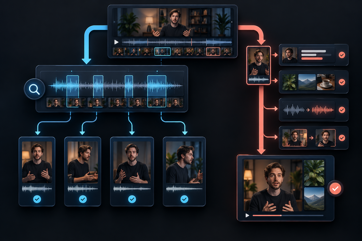 Diagram comparing long-form clip discovery with short-form video polishing